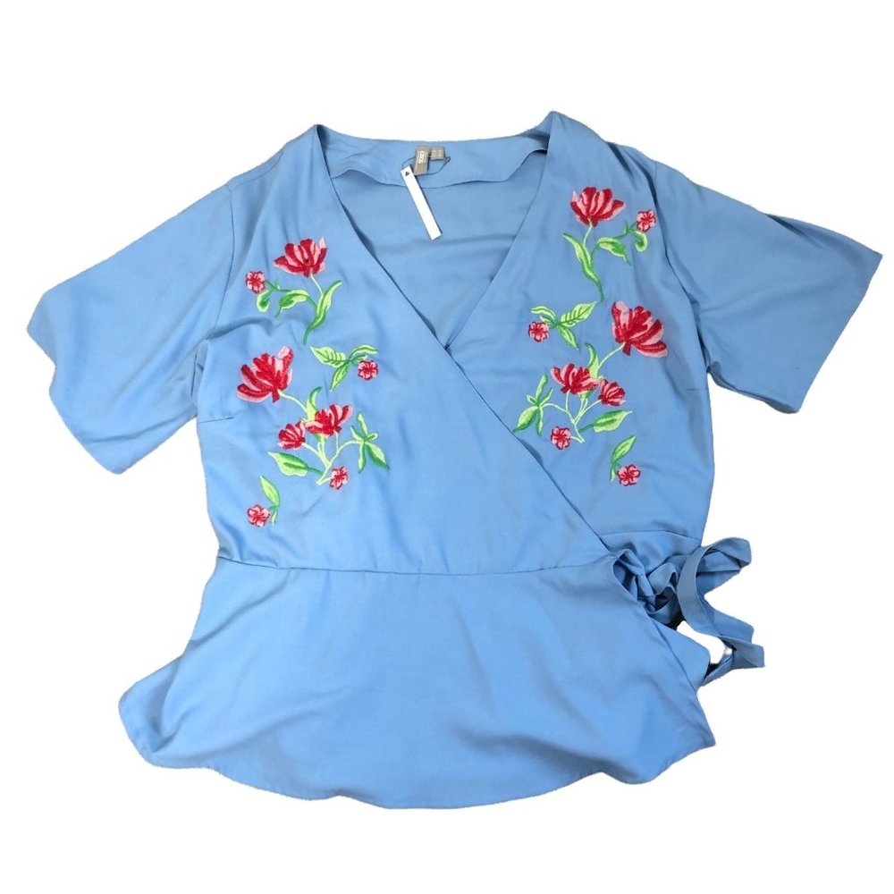 Asos Blue Floral Embroidered Wrap Peplum Top Size 18 NWT